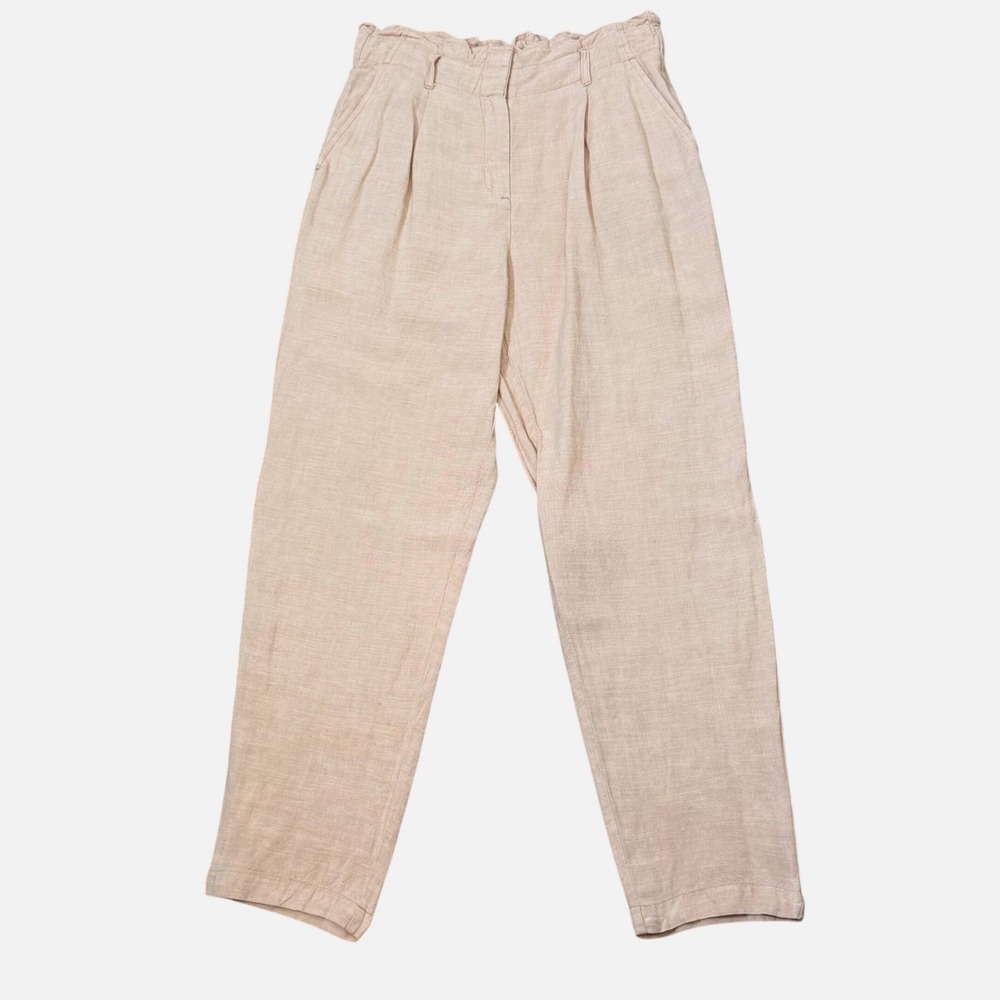 LOFT Linen Viscose Pleated Paperbag Waist Lightweight Pants (S) Neutral Tapered